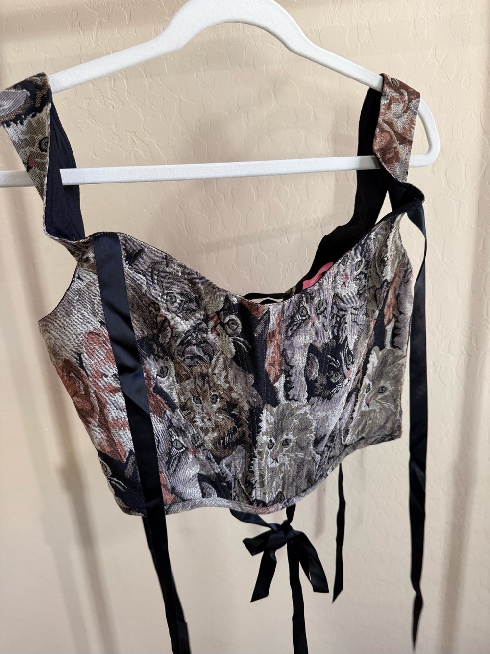 Dolls Kill Multicolor Cat Tapestry Corset Top with Black Ribbon Straps